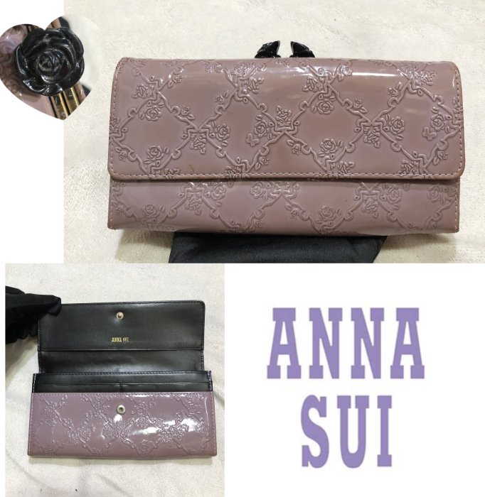 低價起標～安娜蘇Anna Sui牛皮皮夾 黑玫瑰長夾 真皮鈔票夾 名片夾