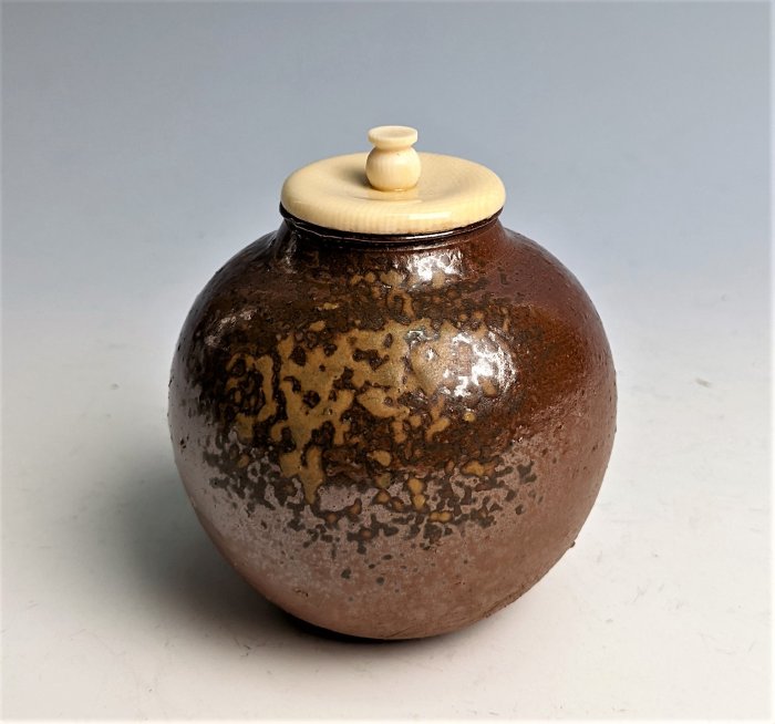 備前陶古窯　茶入 日本古美術/備前燒木村陶峰文琳茶入，共箱共布套/茶罐/茶道具≡≡ 溯源