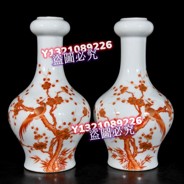 清乾隆礬紅描金花鳥喜上眉梢蒜頭瓶；25x13；8580001938uud 青花五彩斗