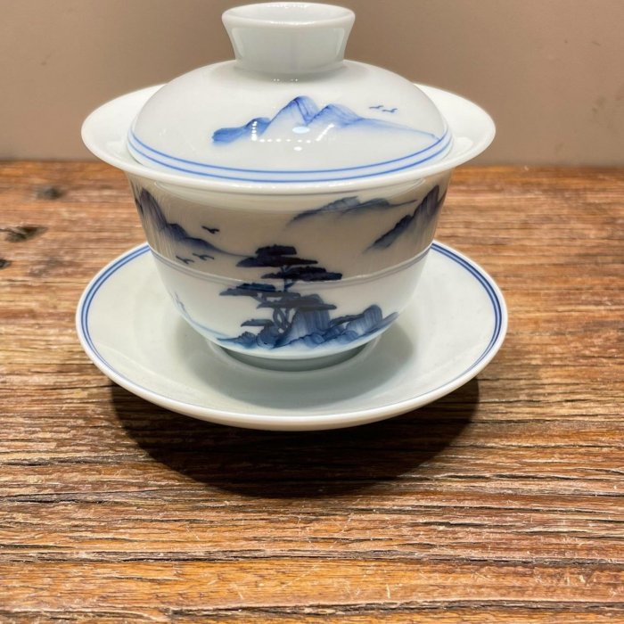 日本回流有田燒幸山窯精品全手工手繪青花荷花山水蓋碗瓷胎細膩溫潤如玉
