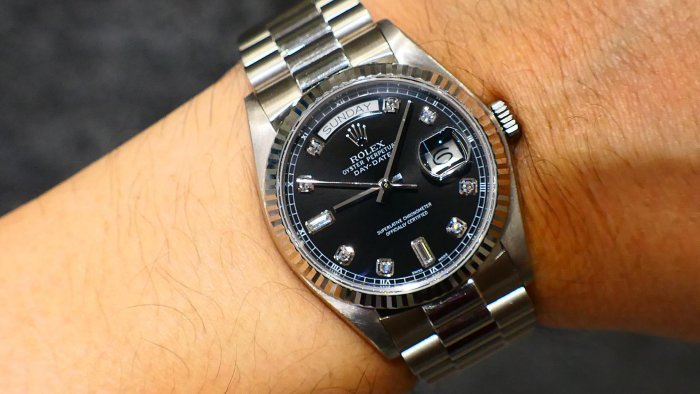 【美好時光】罕見型號勞力士ROLEX 18039白K款Daydate盒單全新款大鑽黑鑽面( 18238 18239 118239參考)