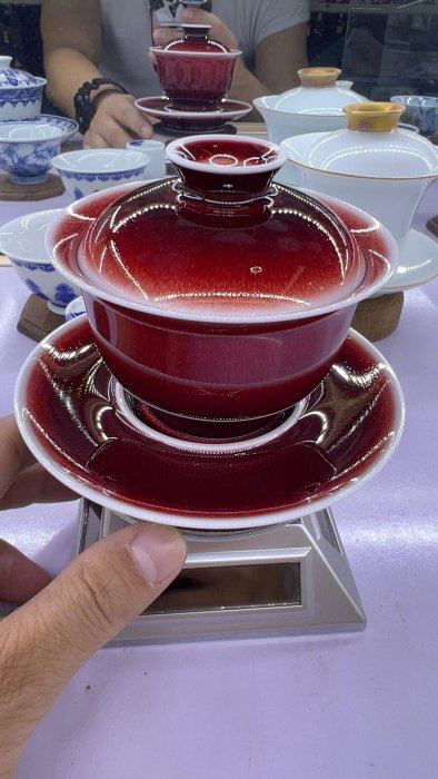 景德鎮郎窯紅釉三才蓋碗，125毫升容量，手工精湛郎紅釉陶瓷，典藏級