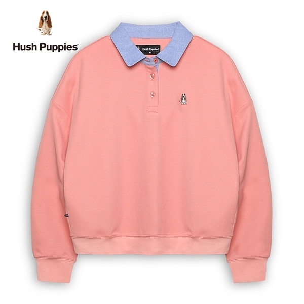 Hush Puppies POLO衫 女裝簡約拼接領刺繡小狗落肩長袖POLO衫