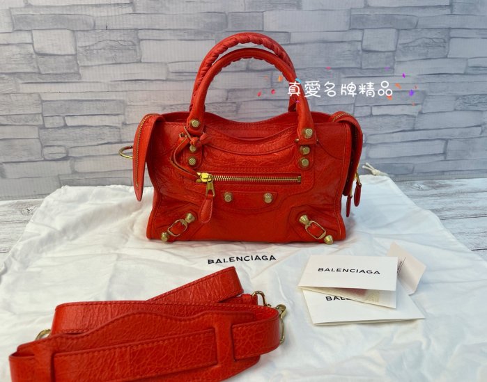 《真愛名牌精品》BALENCIAGA 309544 6575 紅色 Giant 金扣 Mini City 機車包*全新*