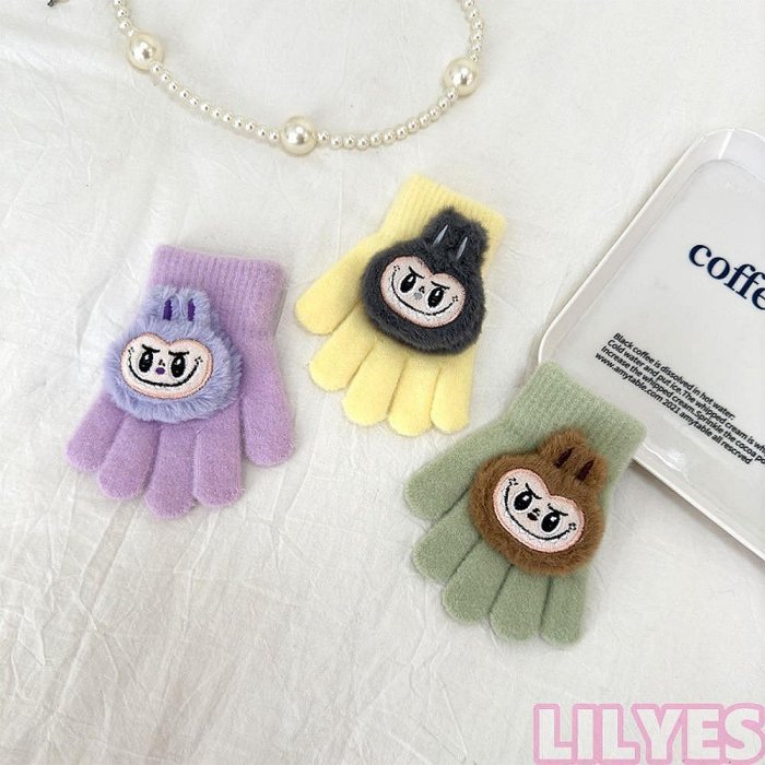 LILYES毛絨公仔加厚手套,注意保暖卡通Labubu防寒手套,糖果色創意軟兒童手指手套下雪【滿299元出貨】