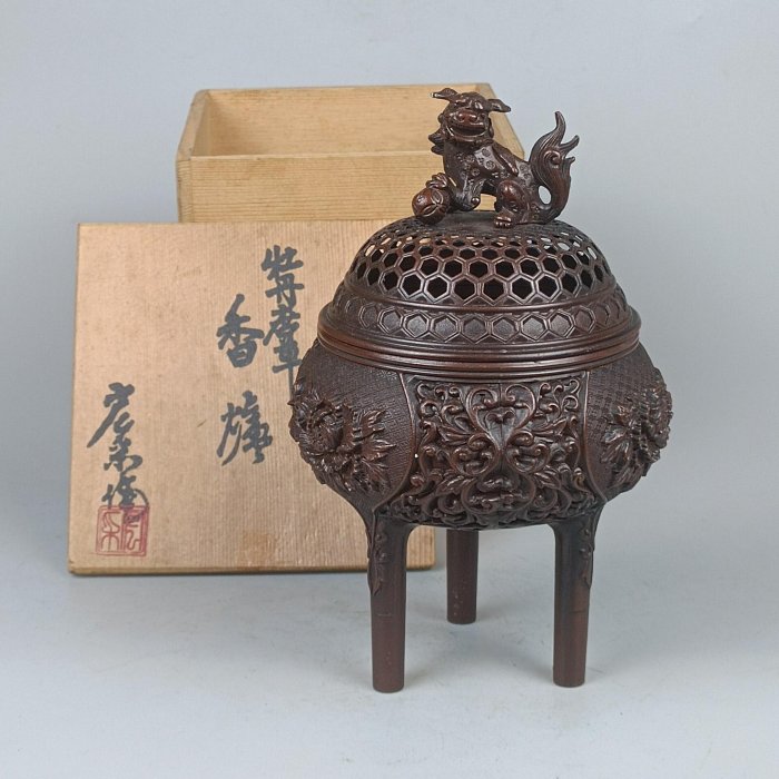 蔵出/金工師匠宏采造/鋳銅鍍銀百花繚乱蘭花文三足