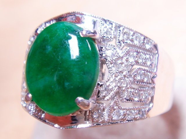 天寶流當品-*****白K金天然A貨翡翠鑽石戒***外鑲小鑽---