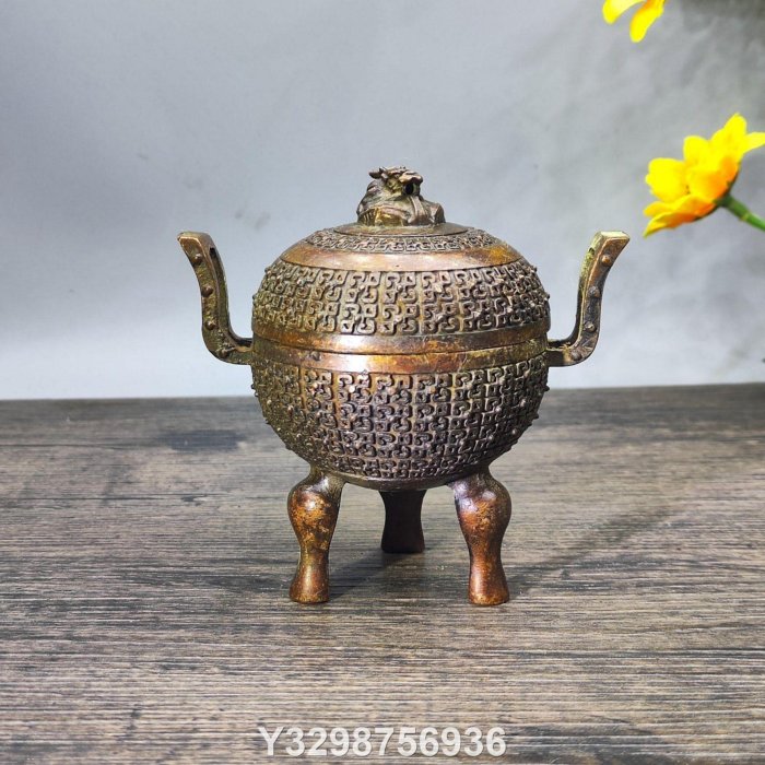 古銅鏨刻彫 塗金如意耳筒式香炉 清代 寄心齋清玩款 銅器 賞物 古美術