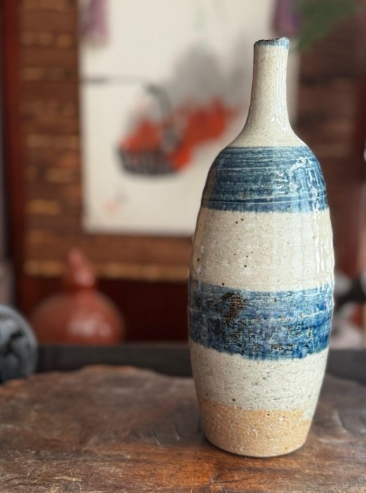 瀨戶青花大師加藤舜陶早期花瓶，細口DESIGN 精華透鐵銹斑青花瓷元箱
