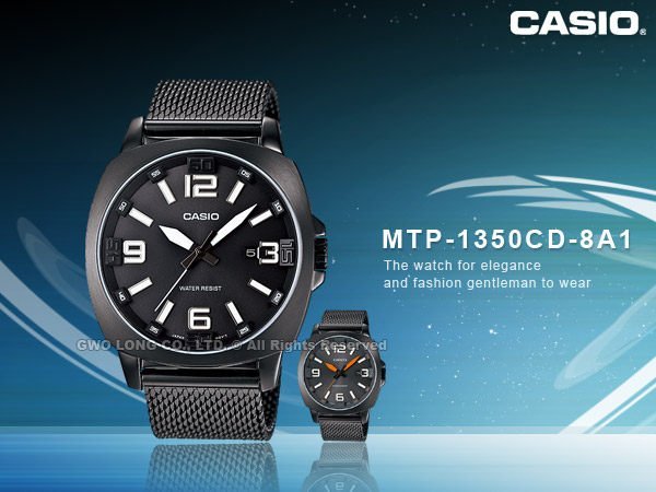 CASIO 手錶專賣店國隆MTP-1350CD 時尚鐵灰網帶酒桶造型男錶_白/橘_一年