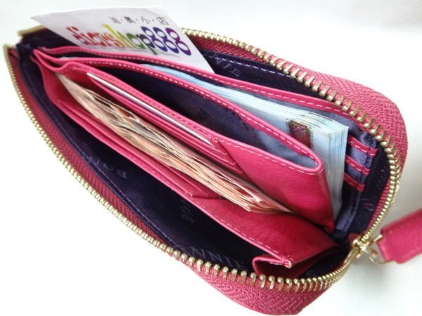 ＊迪奧小店＊BONNIE．點點金．真皮拉鍊長夾／新穎L型手提錢包／艷桃紅／勁爆特價!