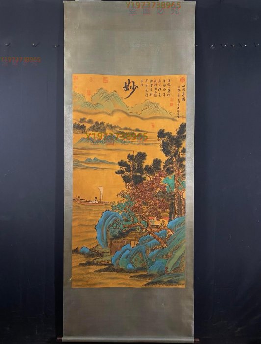 LCH-15【唐寅】青綠山水，一物一圖，純手繪絹本六尺中堂立軸作品【古董