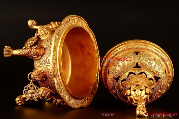 唐代銅鎏金鏤空香爐，重1173克高24厘米寬16厘米舊藏收藏古玩【大開門