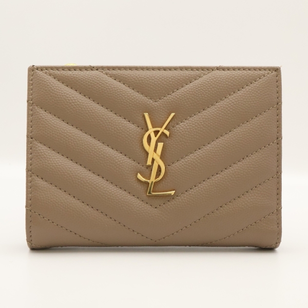 SAINT LAURENT YSL 聖羅蘭 Cassandre Matelasse Bi-Fold 二折短夾 灰褐色 粒面牛皮 668287 【二手名牌BRAND OFF】