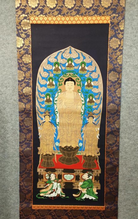嚴選日本回流古佛畫書畫掛軸，阿彌陀三尊慈父觀音大勢至左右脅侍，金邊