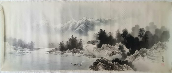 日式傳統絹本山水掛軸，昭和初期谷川彩鳳創作，尺寸嚴選古風雅致絹本