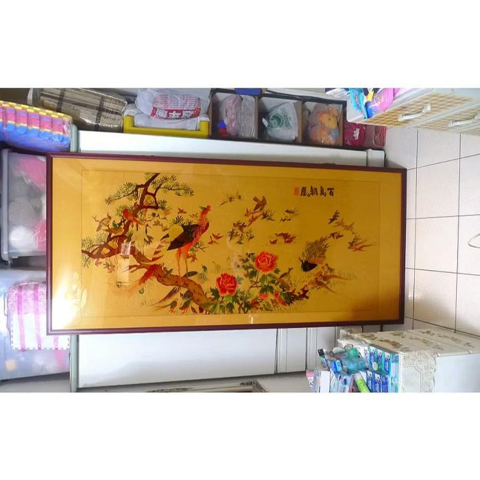 收藏古董畫湘繡手工刺繡百鳥朝鳳百鳥朝鳳畫百鳥朝鳳畫210×96cm 風水