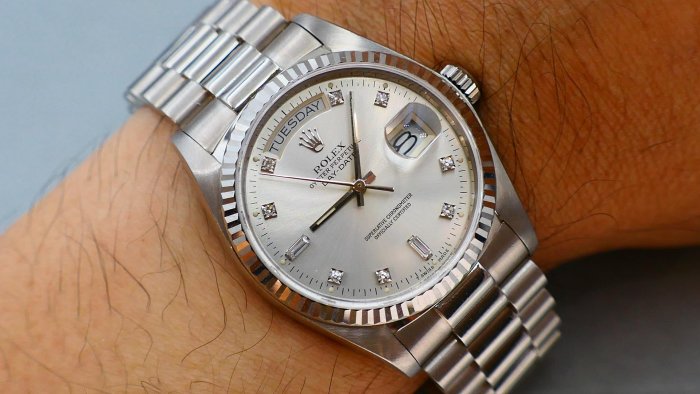 【美好時光】極優藏品罕見型號勞力士ROLEX 18039白K款Daydate盒單全十鑽面（ 18238 18239 118239參考）