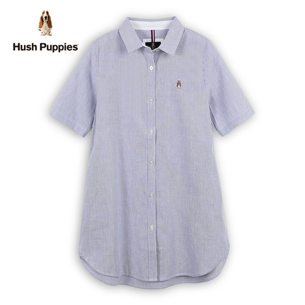 Hush Puppies 襯衫 女裝簡約細直條紋長板短袖襯衫