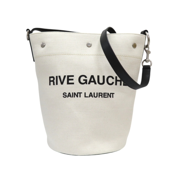 【二手名牌BRAND OFF】SAINT LAURENT YSL 聖羅蘭 白色帆布 黑色牛皮 Rive Gauche 水桶包 肩揹包 669299