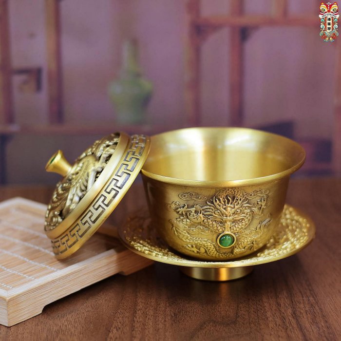 黃銅龍鳳茶碗蓋碗轉轉家居辦公室茶壺茶具桌面裝飾擺件工藝品禮品