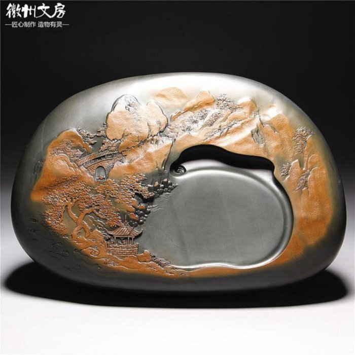 中國歙硯老坑硯台手工精品山水硯老坑籽料硯台兼收藏品原石端硯wf