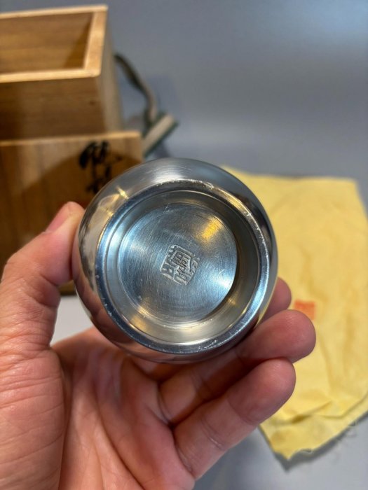 日本中古靜壽居辻井藏苑作卣式官帽型錫罐錫茶入錫茶葉罐純錫瑞祥官帽