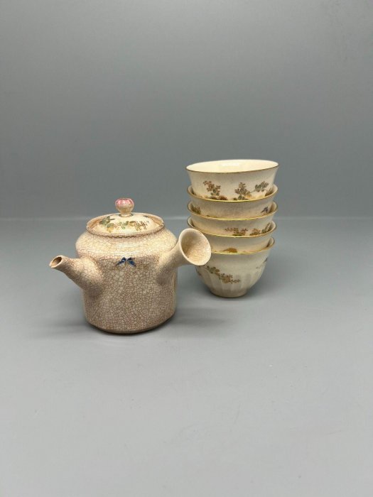 老京燒薩摩燒細工玩老貨茶具側把壺茶壺茶杯金彩唐草細密冰裂開片【二手