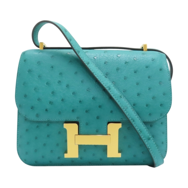 HERMES 愛馬仕【再降價】Mini Constance 康康包 孔雀藍 Ostrich 鴕鳥皮 金扣 肩背包 【二手名牌BRAND OFF】