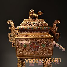 珍品清代宮廷御藏罕見高浮雕鏨刻鎏金方獅子蓋熏香爐工古董舊藏擺件【景