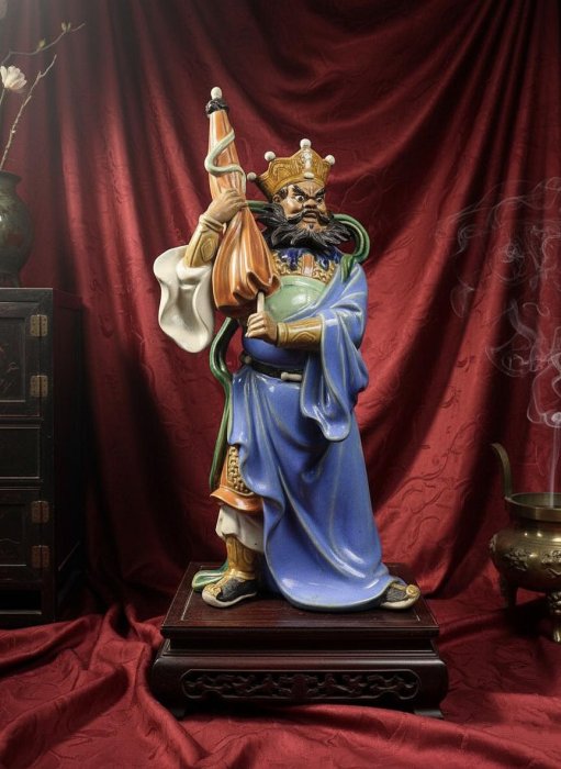 早期石灣陶老件-大型風調雨順之多聞天王#01（名家：林偉東）高45公分