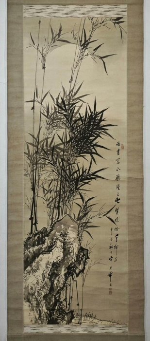 絹本 掛軸 竹石圖 月下竹石圖》古董卷軸畫日本江戶末水墨竹石圖掛軸甲子年1864年純手繪