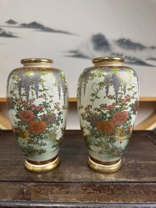 日本回流薩摩燒神戶薩摩湊光金彩花鳥紋花瓶花入擺件品牌：神戶薩摩湊光