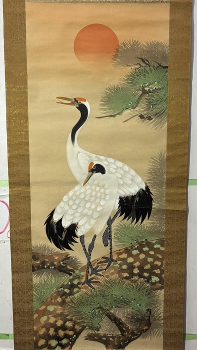 藏舊尋寶屋】老日本畫家作落款「松鶴圖」水墨畫掛軸/畫軸/掛軸《絹本