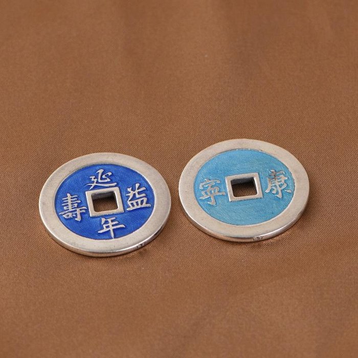 小鹿飾品足銀老銀工藝琺瑯彩銀錢浮雕康寧大錢花錢編繩吊飾掛件配飾