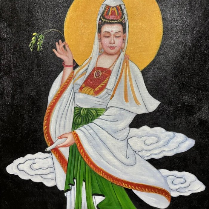 手描き 水彩油画 風景画 陳逸飛 作品図 中国絵画 約70×100cm 未表装 手繪水彩油畫244，陳逸飛觀音像，尺寸70x100 cm左右藏品老貨收藏【二手