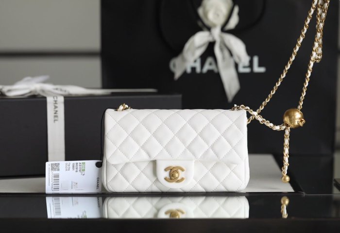 『RP精品』Chanel 香奈兒 CF Mini 白色 羊皮 金扣 金球方胖子 20cm 口蓋包 側肩背包