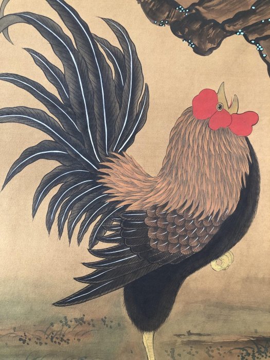 A絹08【唐寅】雞，三尺絹布手繪中堂畫，裝裱尺寸204*70cm左右，畫芯