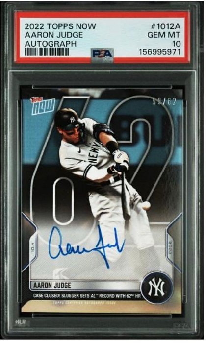 洋基隊長 終生法官 Aaron Judge 2022 topps now 第62轟紀念簽名卡 限量62張 59/62 PSA10分