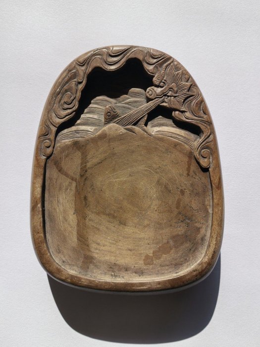 明代降州鱔魚黃澄泥硯精工鑄造16.5x13x3.5㎝ 日本回流收藏品品相完好