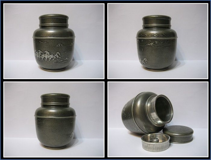 ☆F25 中古品 間村自造 茶筒 菊花紋 錫製 茶道具/前茶道具 木箱入 勇福