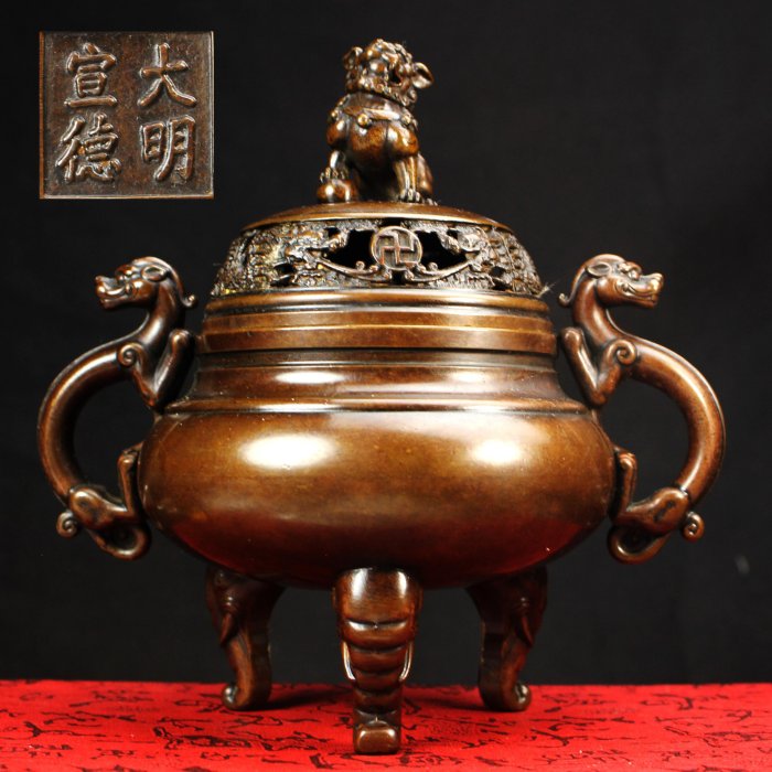 銅製 六角 象足 獅子蓋 香炉 未使用 共箱(LC790) 桑園の】大型鑄銅香爐螭龍耳象足獅子摘薰香爐古典完美品底款