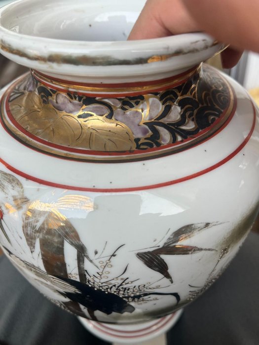 日本舶來品，大正時期，老九谷“松峰”作，仙鶴紋大號花瓶只高度29厘米
