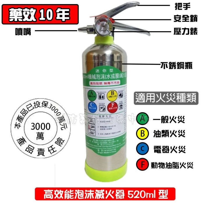 消防器材批發門市 光明牌 消防認證 泡沫滅火器520ml型 適用ABCF類火災 不銹鋼瓶  水成膜泡沫 車用滅火器 長效型