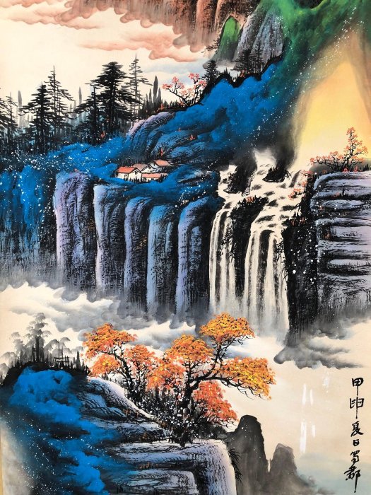 PA85【張大千】山水，四尺扇面精裱純手繪中堂畫，裝裱尺寸232*89cm左右