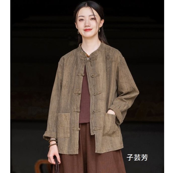 子芸芳】23秋冬中式復古苧麻紮染做舊盤扣砂洗上衣茶服禪意茶服開襟外套