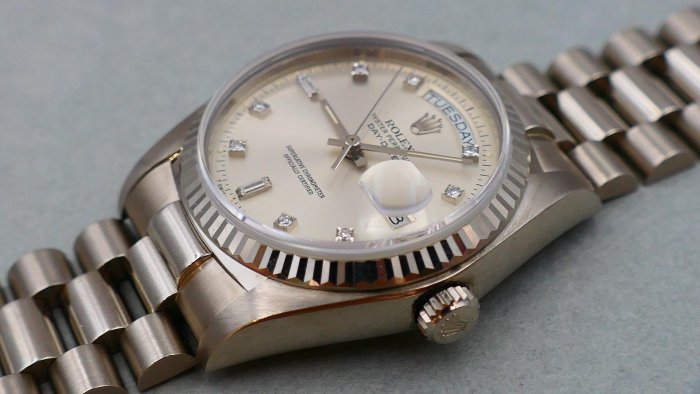 【美好時光】極優藏品罕見型號勞力士ROLEX 18039白K款Daydate盒單全十鑽面（ 18238 18239 118239參考）
