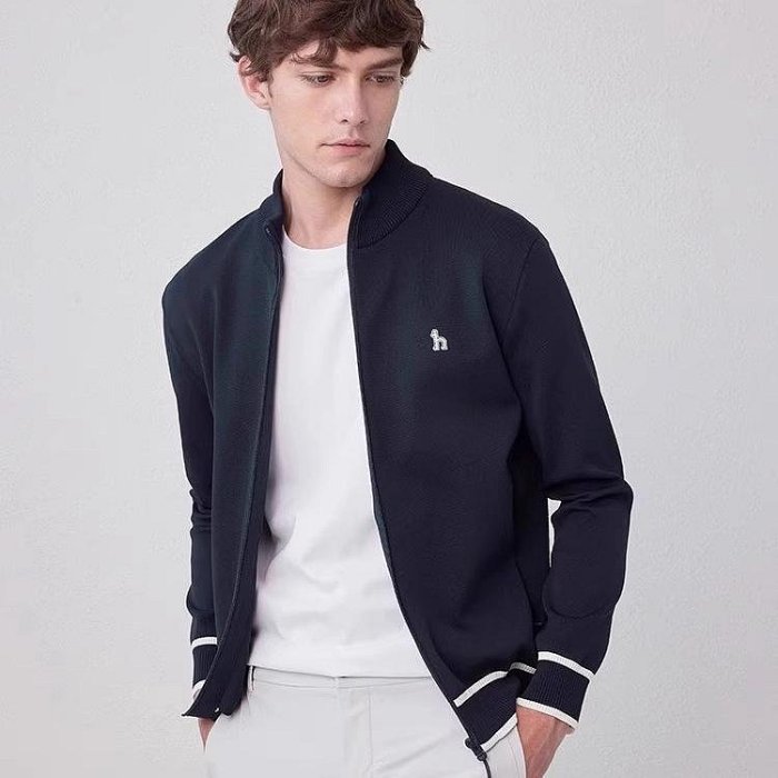 Hazzys【商場同款】哈吉斯24春新款男士運動立領拉鏈針織開衫外套