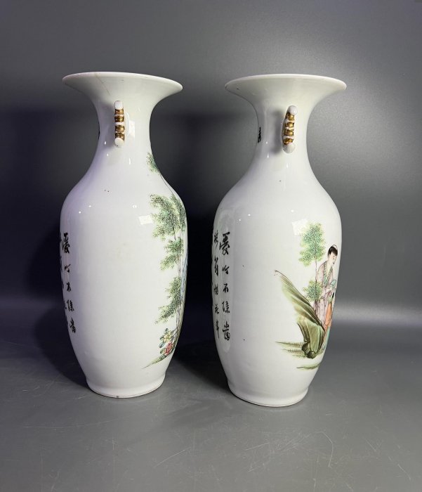 嚴選民國時期手繪桐華居瓷器花瓶，耳部以下完美好品高26.5公分琺瑯彩