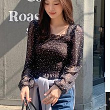 CHERRYKOKO官方授權 三月新品【CGADCK033R】正韓 找回年少時的怦然心動鬆緊細褶方領印花雪紡上衣~首爾蝶衣